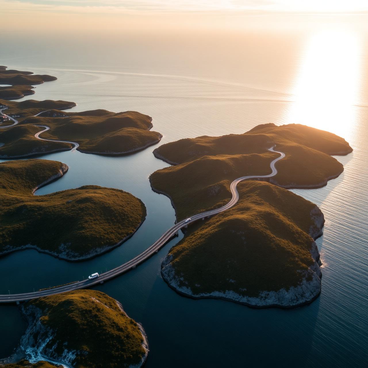 Slingrande väg över hav vid solnedgång